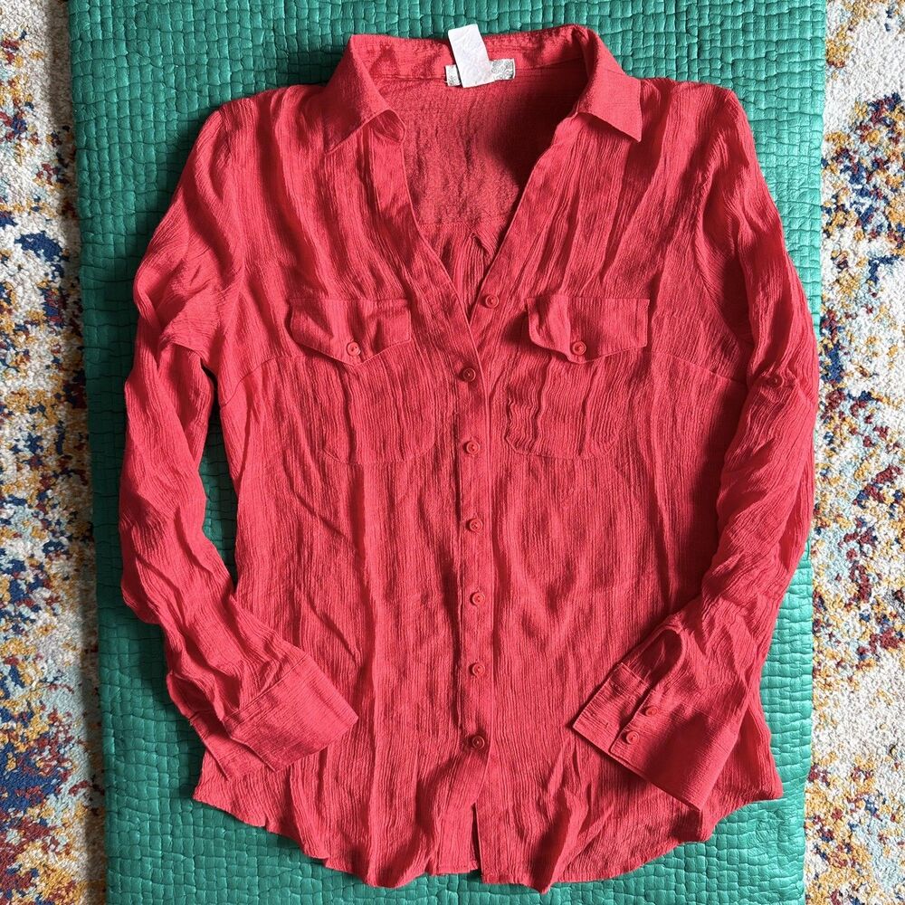 Vintage 90s Ivy Ridge Women’s L Button Up Blouse Red Rayon Blend Boho Office EUC